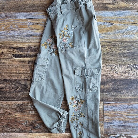 Sundance Orchard Floral Embroidered Cargo Jogger Boho Pants Elastic Waist Green - Picture 6 of 12